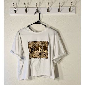Oversized boxy graphic cutoff tee shirt raw hem
